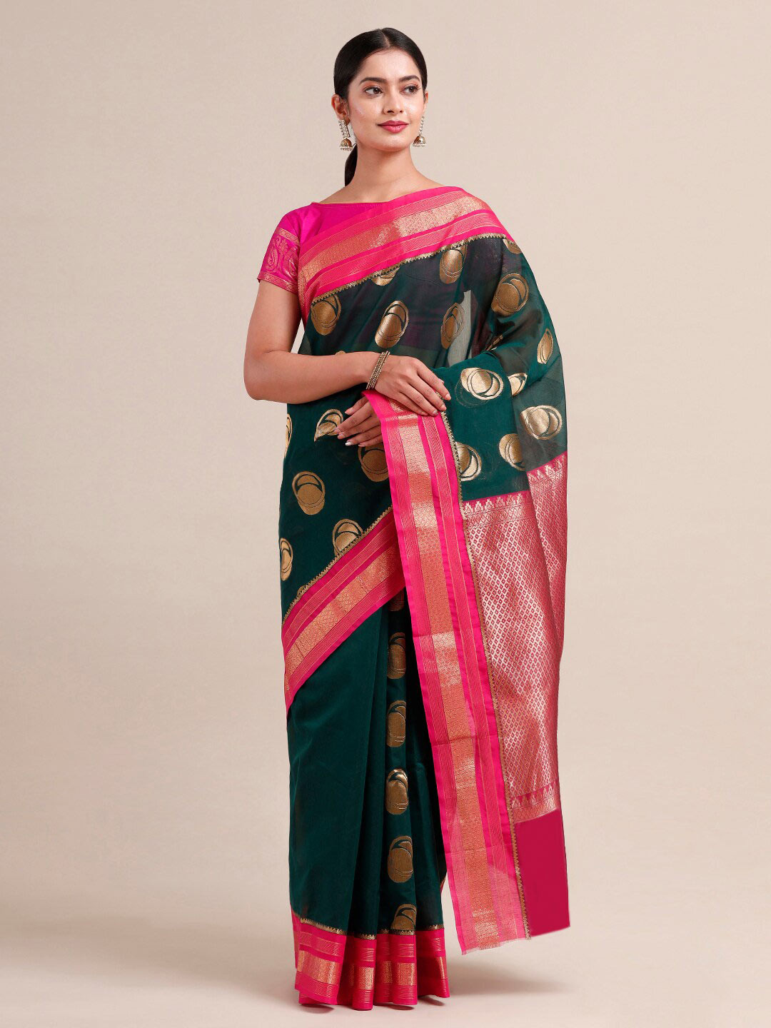 

SAMITTE Green & Pink Woven Design Pure Cotton Kovai Saree
