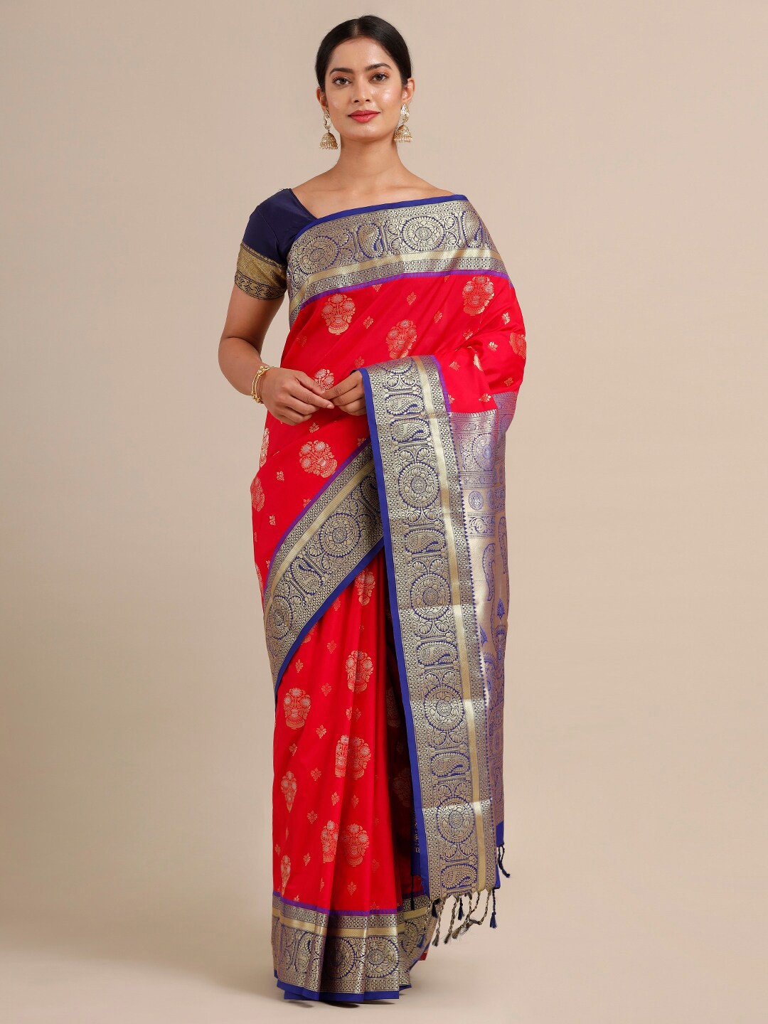 

SAMITTE Red & Blue Floral Zari Silk Blend Gadwal Saree