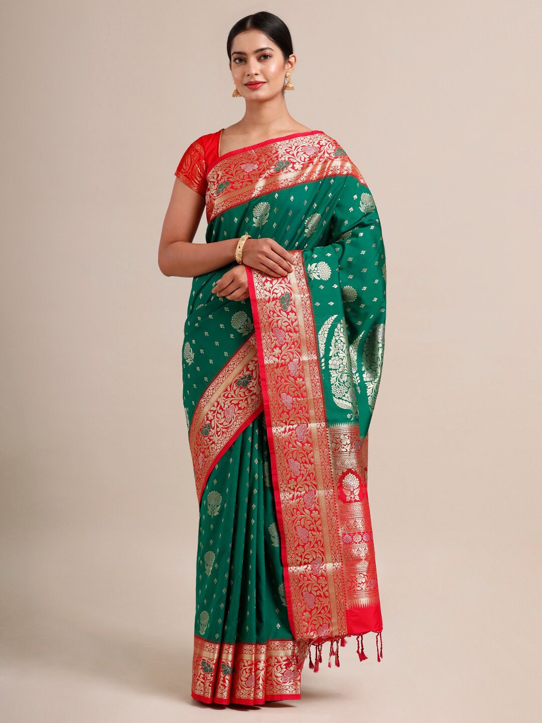 

SAMITTE Green & Red Floral Zari Silk Blend Heavy Work Kanjeevaram Saree