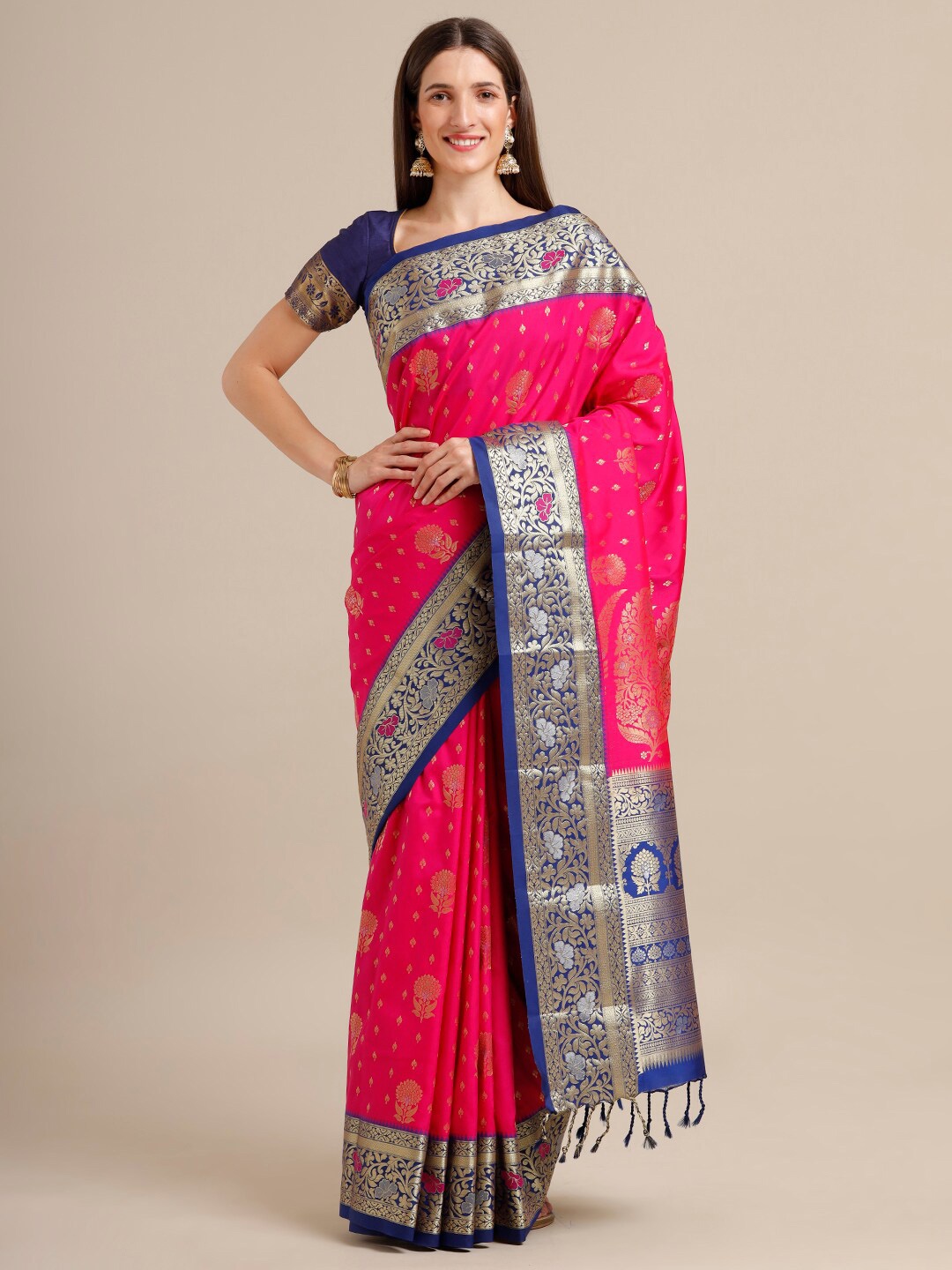 

SAMITTE Pink & Golden Woven Design Zari Silk Blend Kanjeevaram Saree