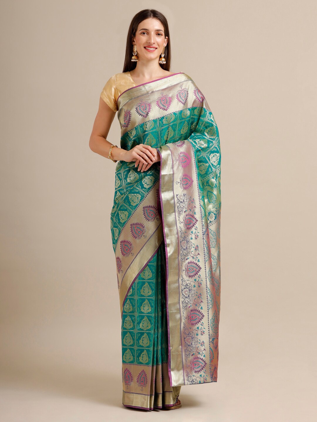 

SAMITTE Green & Pink Woven Design Zari Silk Blend Heavy Work Kanjeevaram Saree