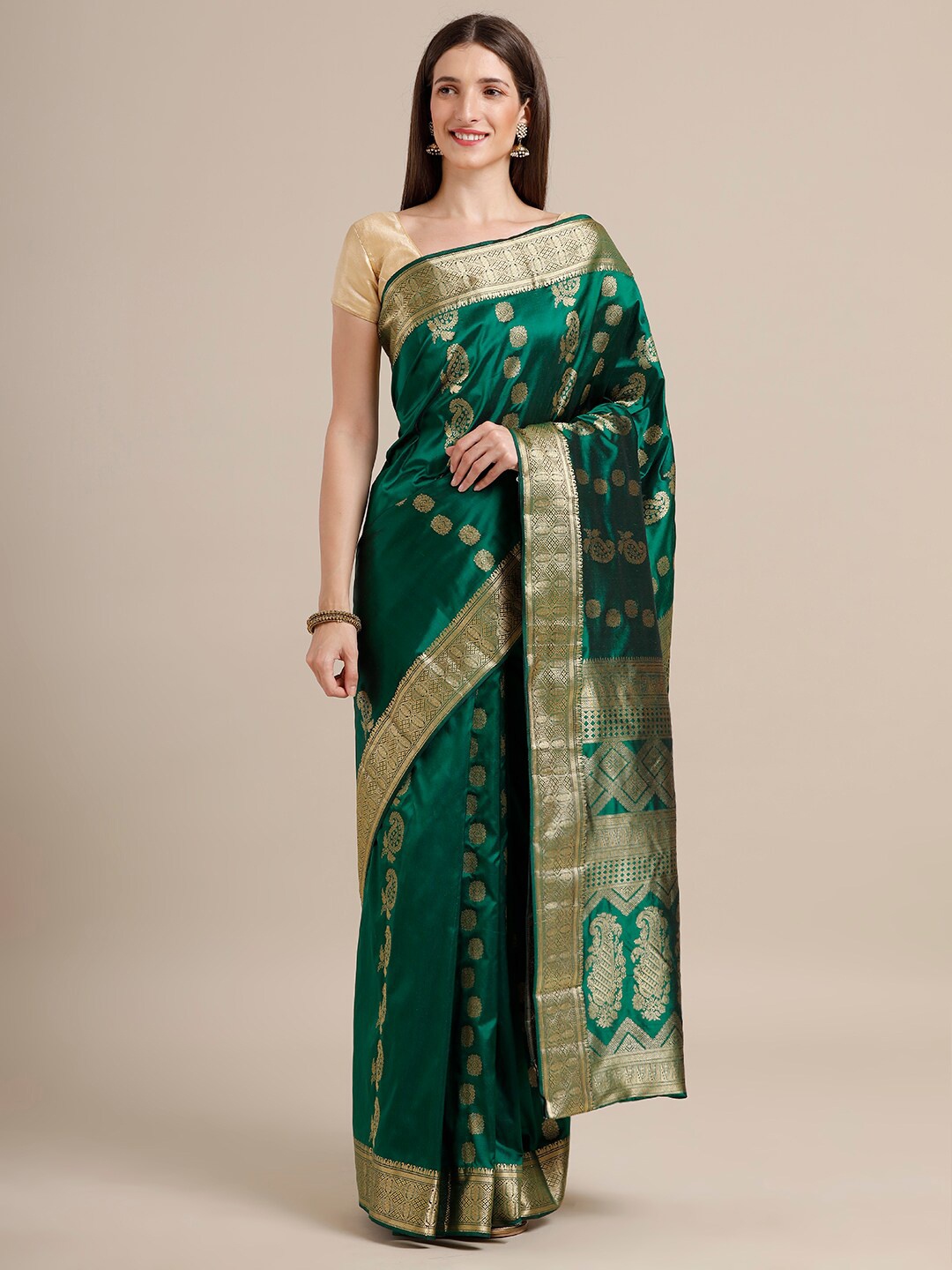 

SAMITTE Green & Gold-Toned Floral Zari Pure Silk Kanjeevaram Saree