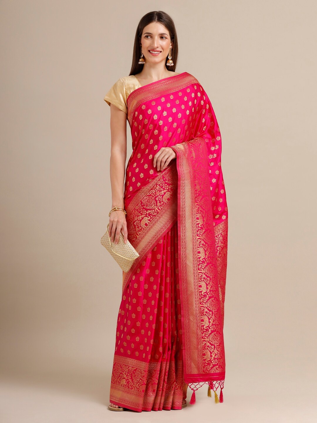 

SAMITTE Pink & Gold-Toned Woven Design Zari Satin Banarasi Saree