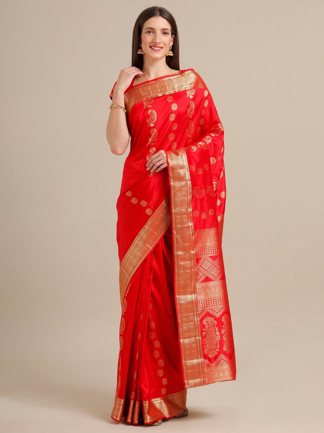 

SAMITTE Red & Golden Paisley Zari Pure Silk Kanjeevaram Saree