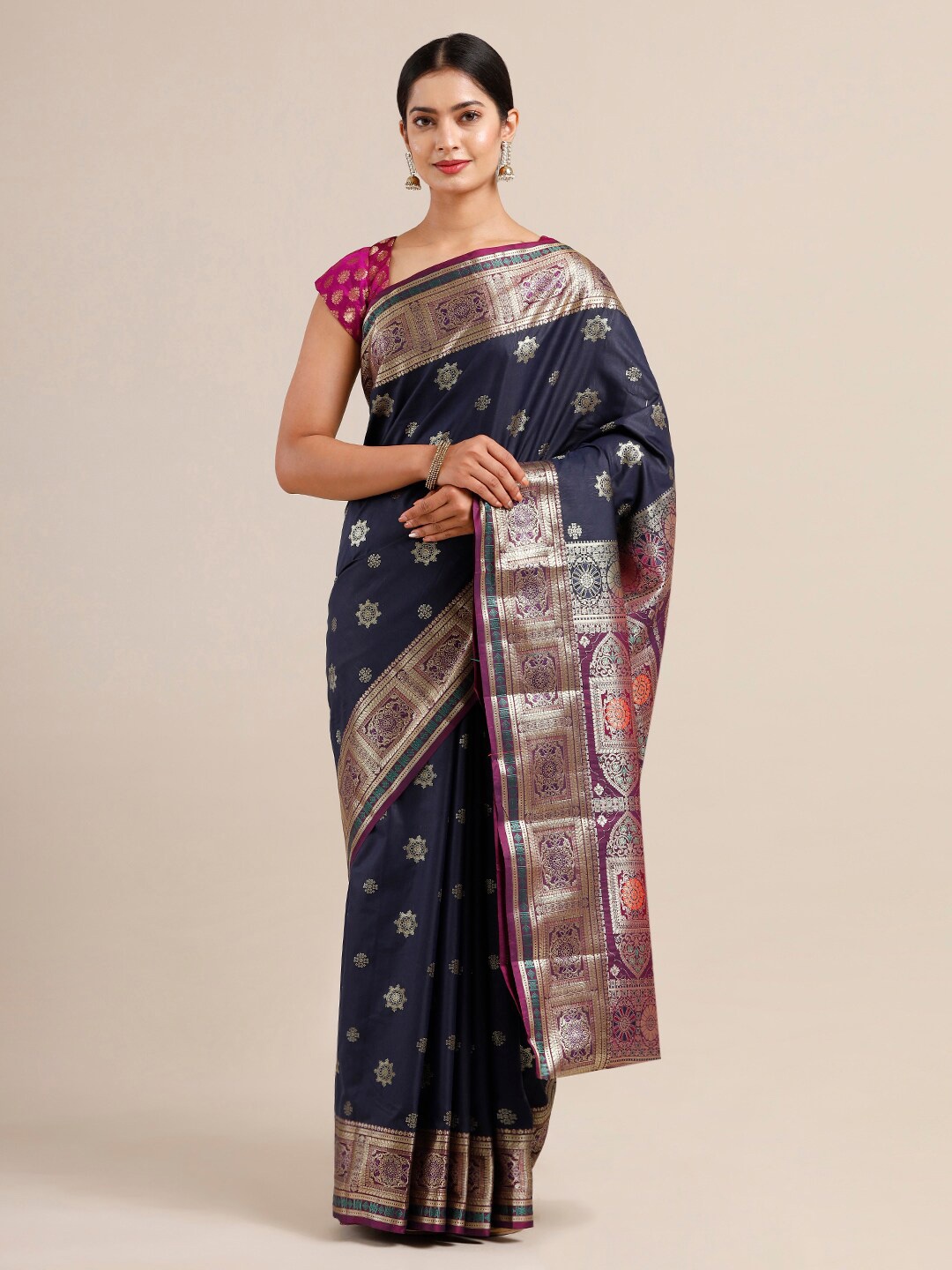 

SAMITTE Navy Blue & Purple Woven Design Silk Blend Kanjeevaram Saree