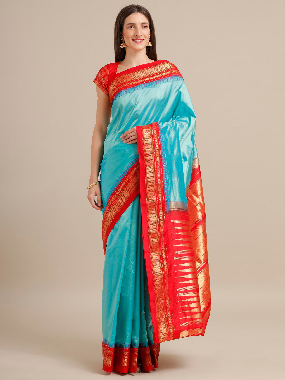 

SAMITTE Turquoise Blue & Red Zari Pure Silk Ilkal Saree