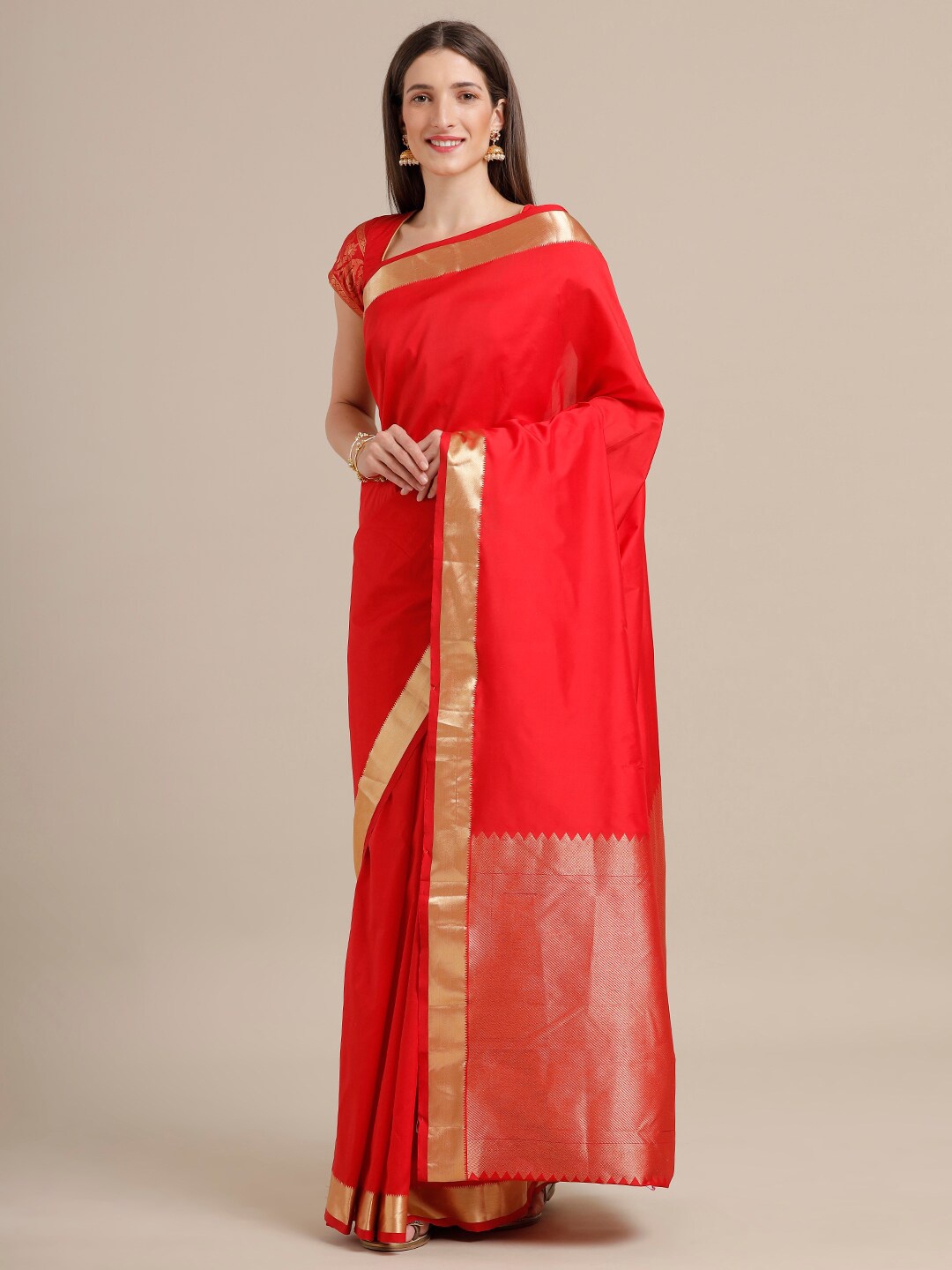 

SAMITTE Red & Gold-Toned Woven Design Zari Silk Blend Kanjeevaram Saree