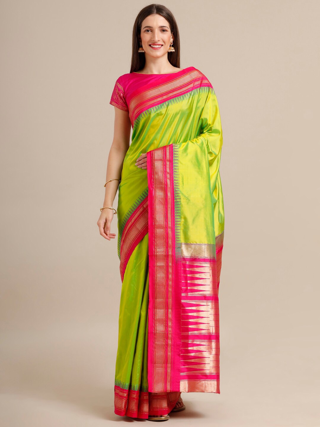 

SAMITTE Fluorescent Green & Pink Zari Pure Silk Ilkal Saree