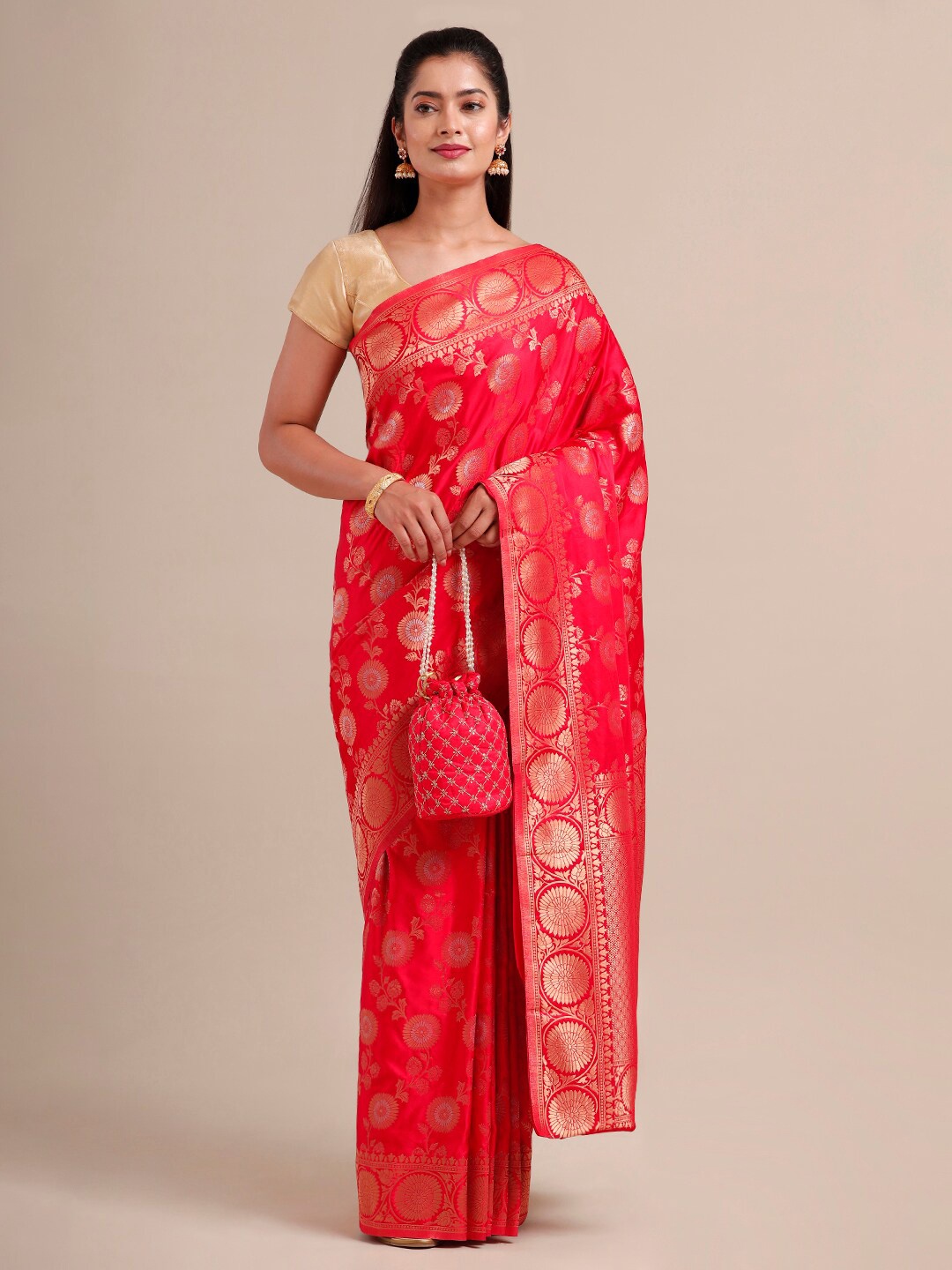 

SAMITTE Red & Gold-Toned Floral Zari Satin Heavy Work Banarasi Saree