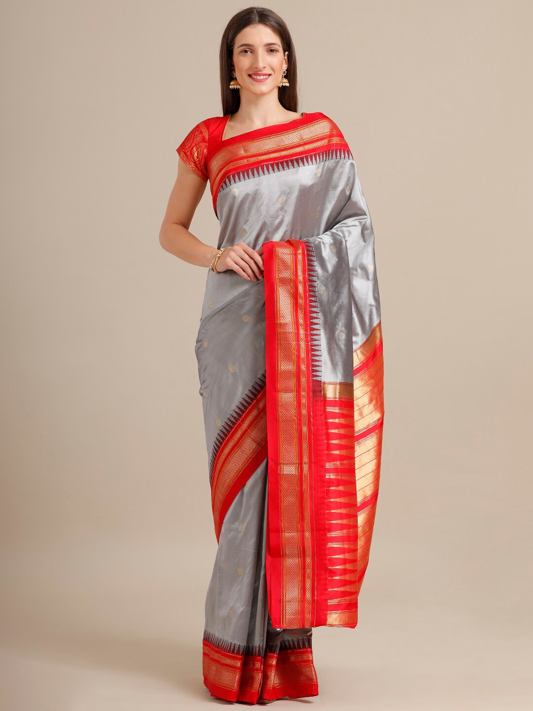 

SAMITTE Grey & Red Woven Design Pure Silk Ilkal Saree