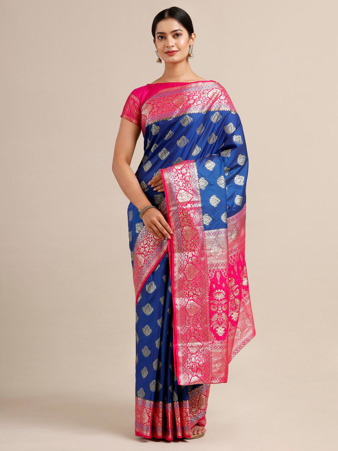 

SAMITTE Blue & Pink Woven Design Zari Silk Blend Kanjeevaram Saree