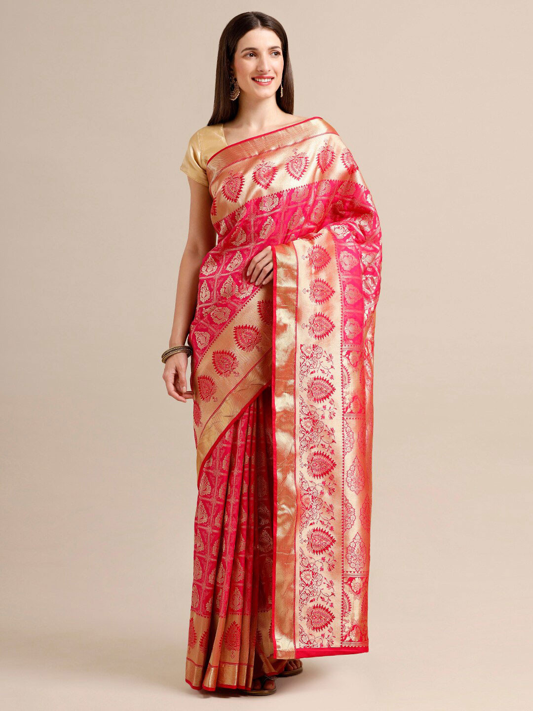 

SAMITTE Pink & Golden Woven Design Zari Silk Blend Heavy Work Kanjeevaram Saree