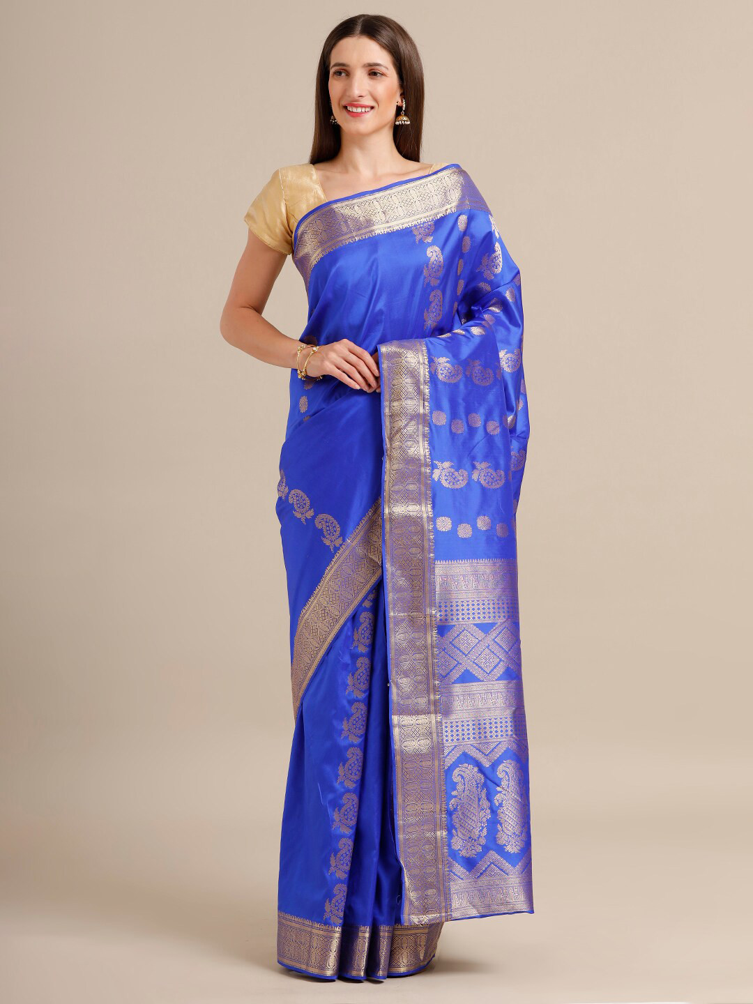 

SAMITTE Blue & Gold-Toned Woven Design Pure Silk Kanjeevaram Saree