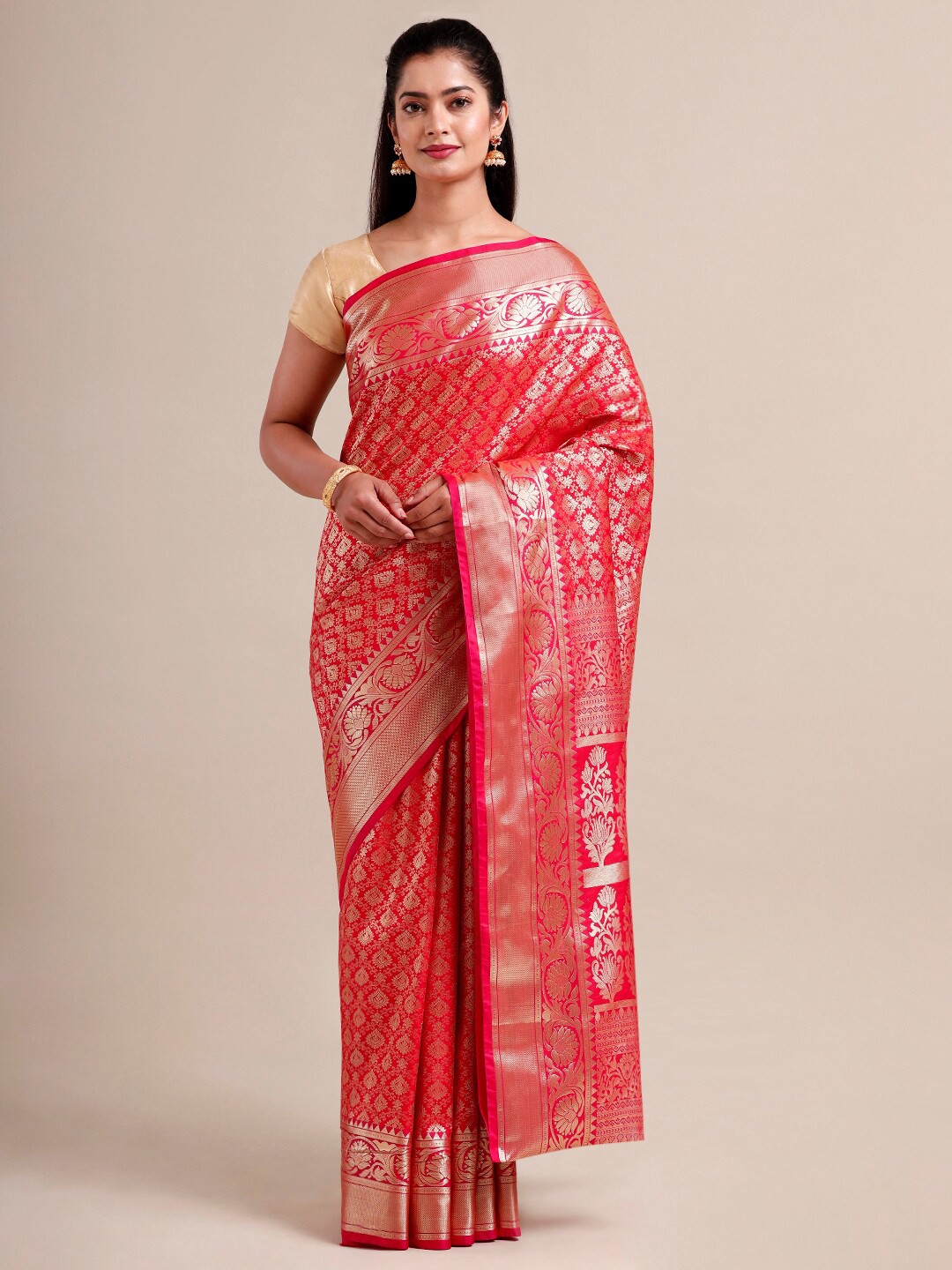 

SAMITTE Red & Golden Ethnic Motifs Zari Silk Blend Heavy Work Kanjeevaram Saree