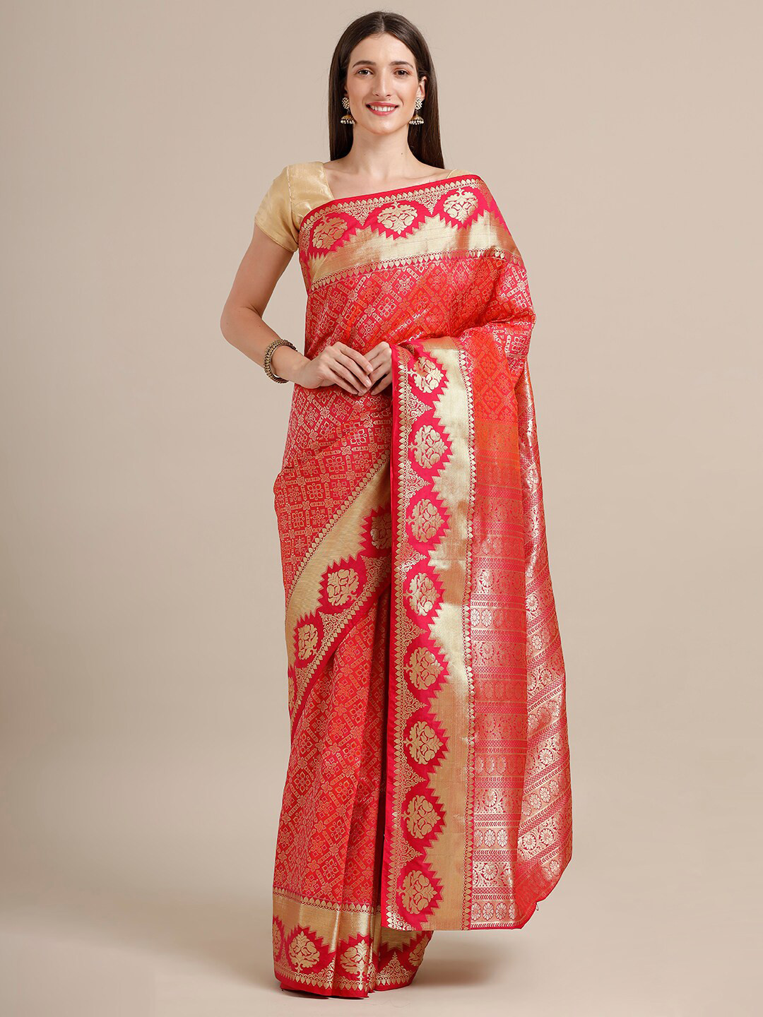 

SAMITTE Pink & Golden Woven Design Zari Silk Blend Kanjeevaram Saree
