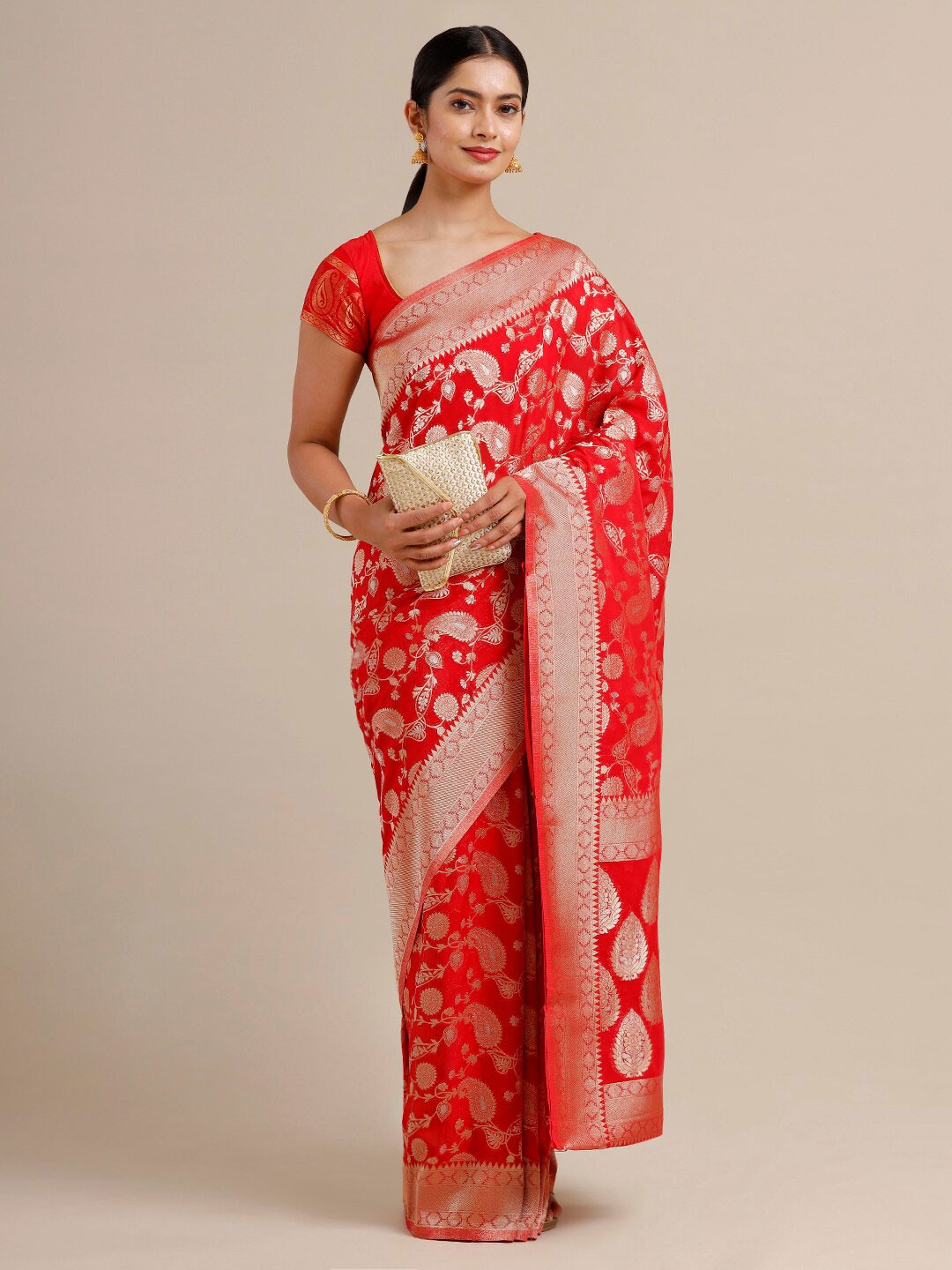 

SAMITTE Red & Silver-Toned Woven Design Khadi Saree