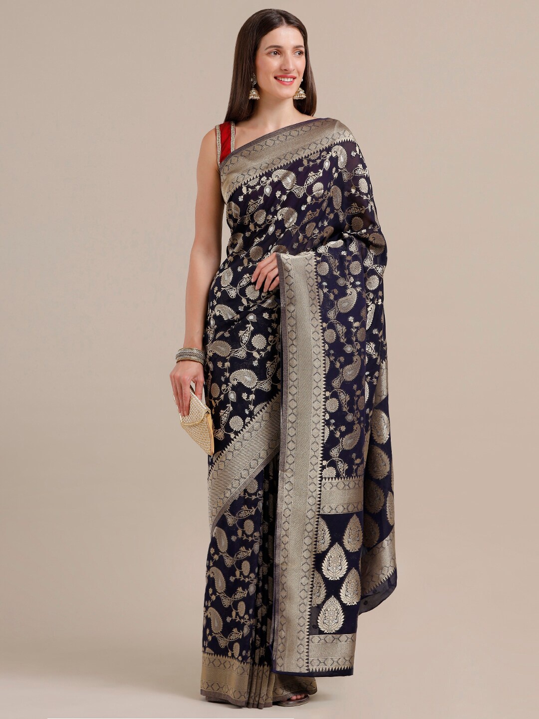 

SAMITTE Navy Blue & Gold-Toned Paisley Zari Saree
