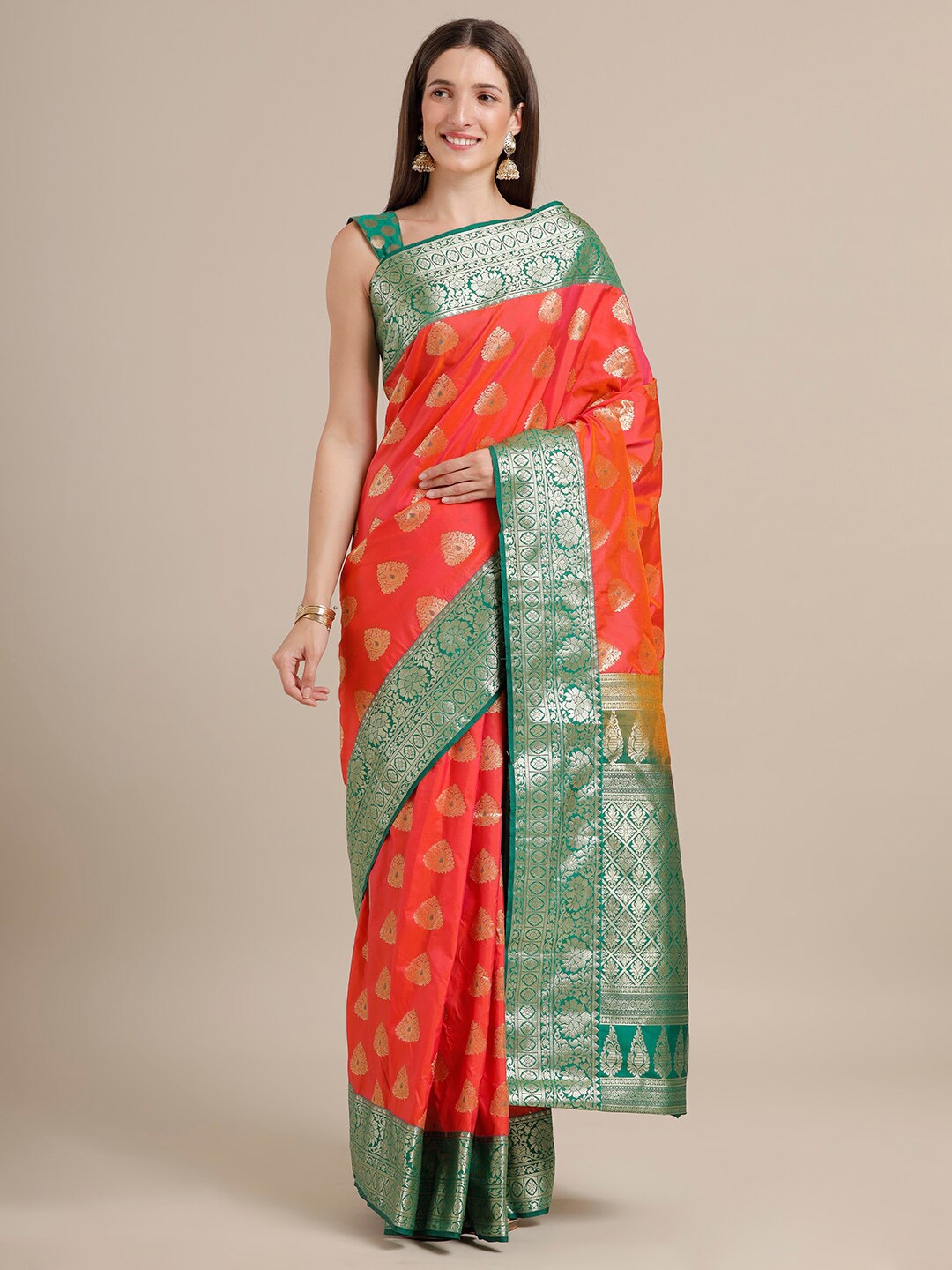 

SAMITTE Red & Green Woven Design Silk Blend Kanjeevaram Saree