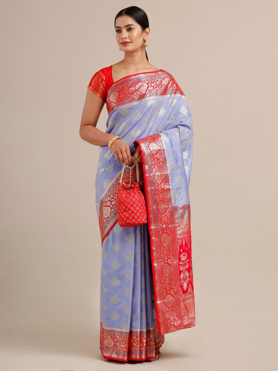 

SAMITTE Lavender & Red Zari Silk Blend Kanjeevaram Saree