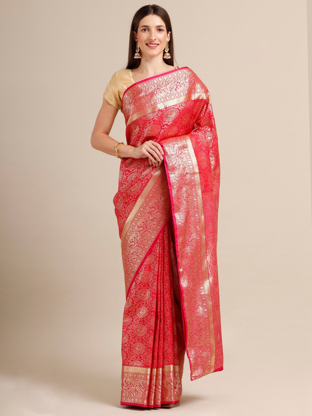 

SAMITTE Pink & Golden Woven Design Zari Silk Blend Heavy Work Kanjeevaram Saree