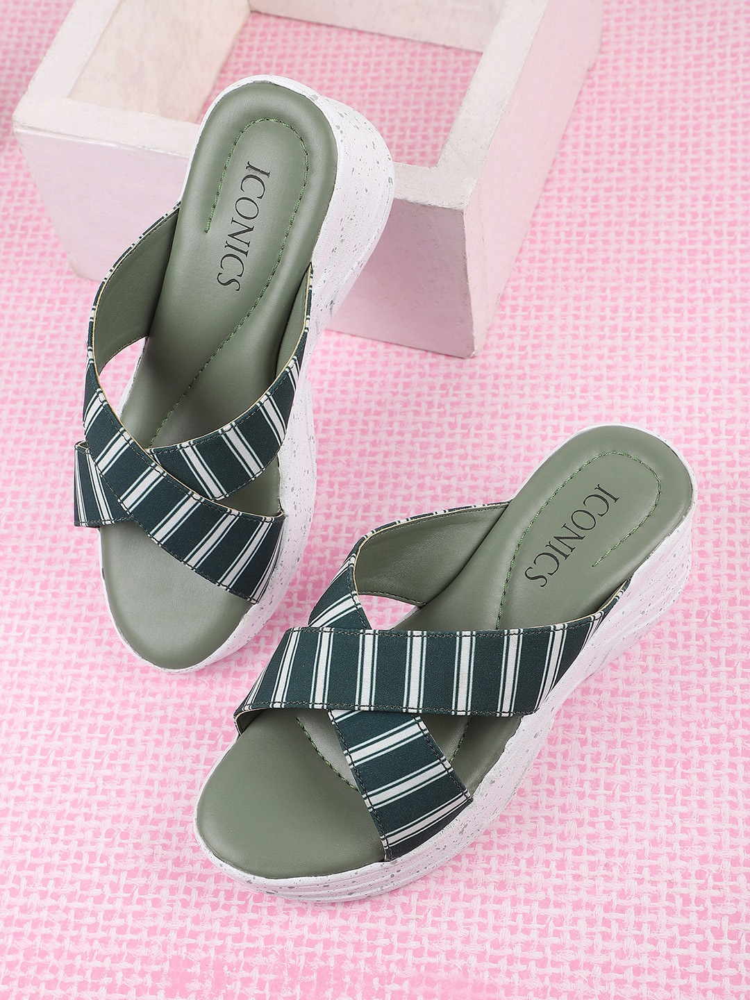 

ICONICS women's Green Striped Wedge Sandals