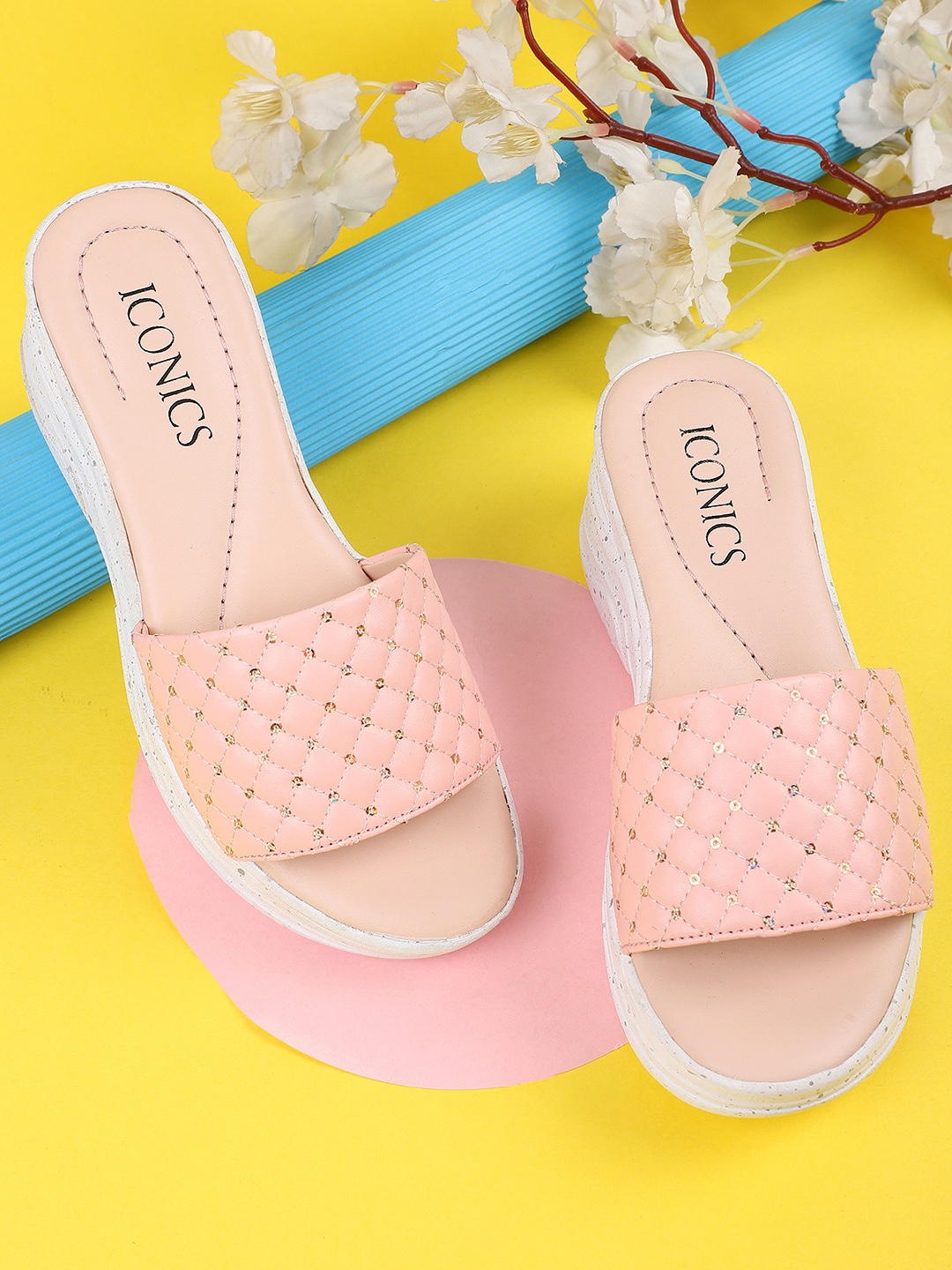 

ICONICS Pink Embellished Flatform Sandals