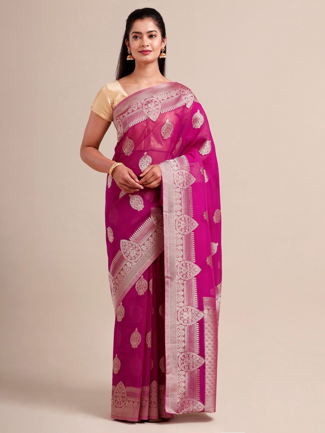 

SAMITTE Magenta & Silver-Toned Woven Design Organza Kanjeevaram Saree