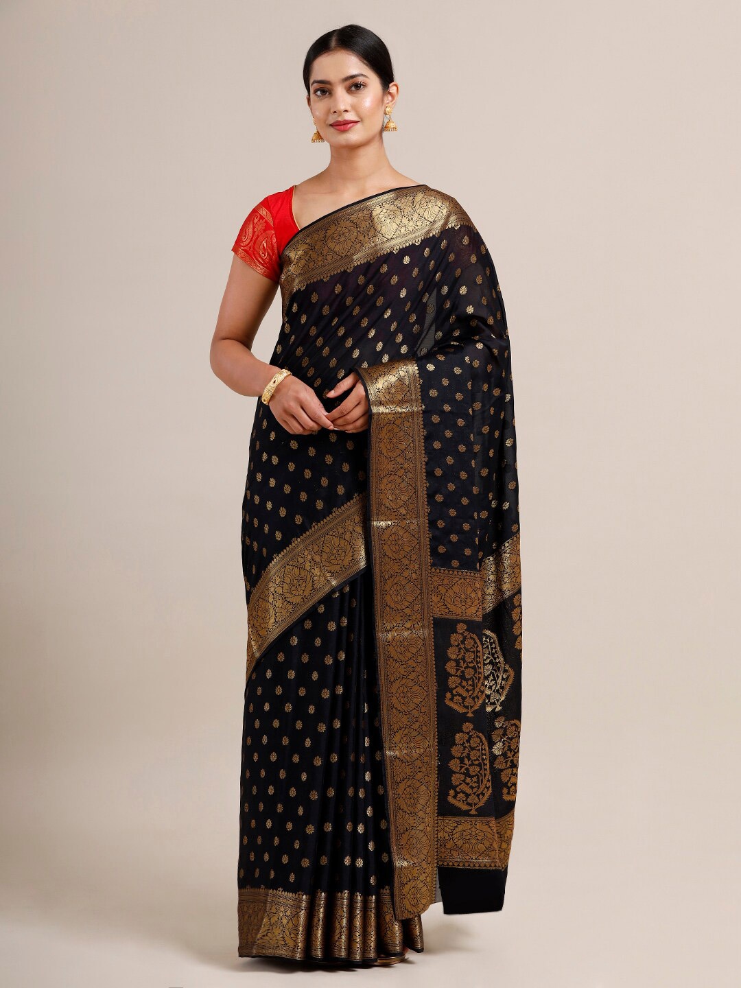 

SAMITTE Black & Gold-Toned Floral Zari Khadi Saree