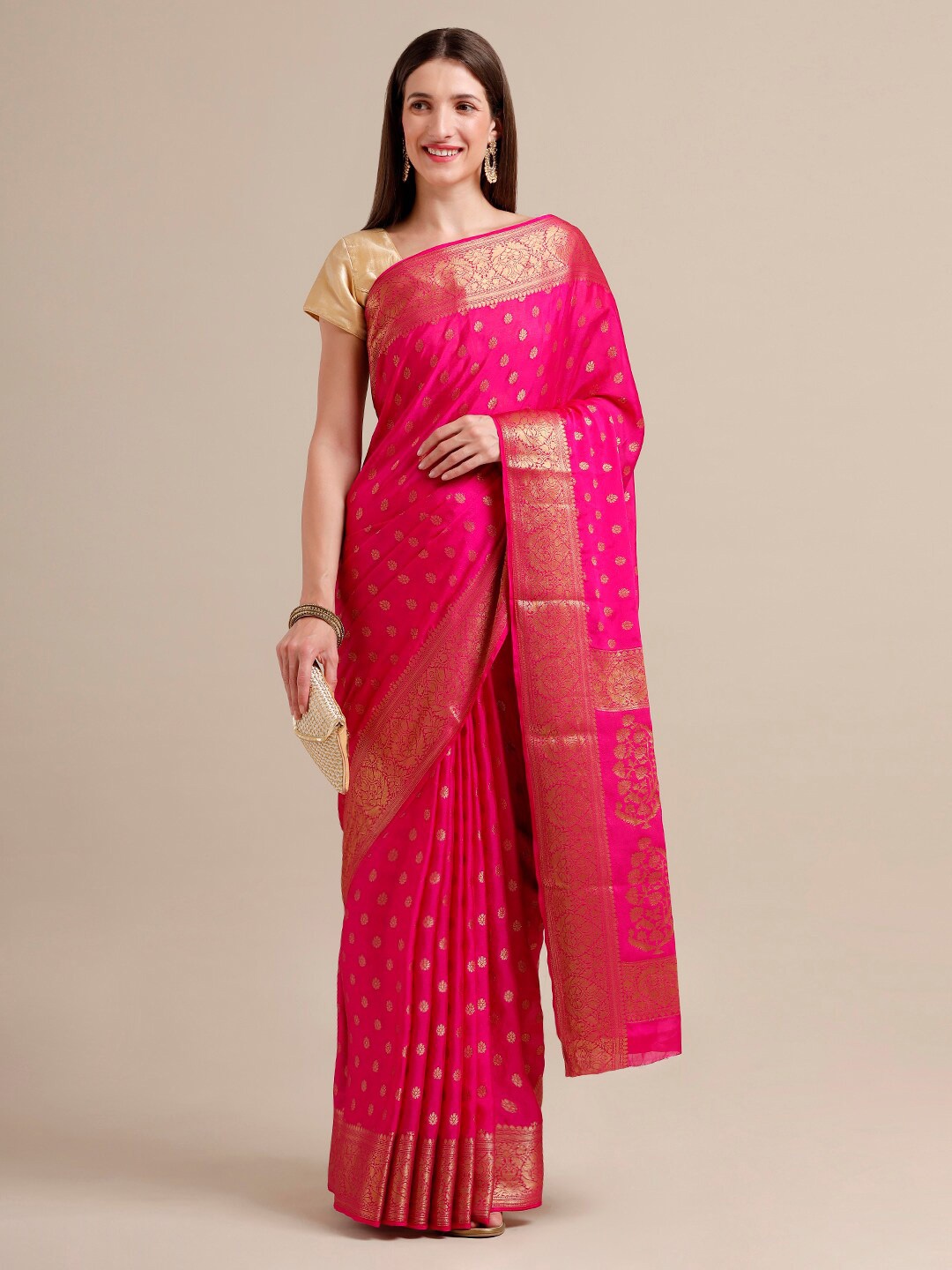 

SAMITTE Pink & Golden Woven Design Zari Saree