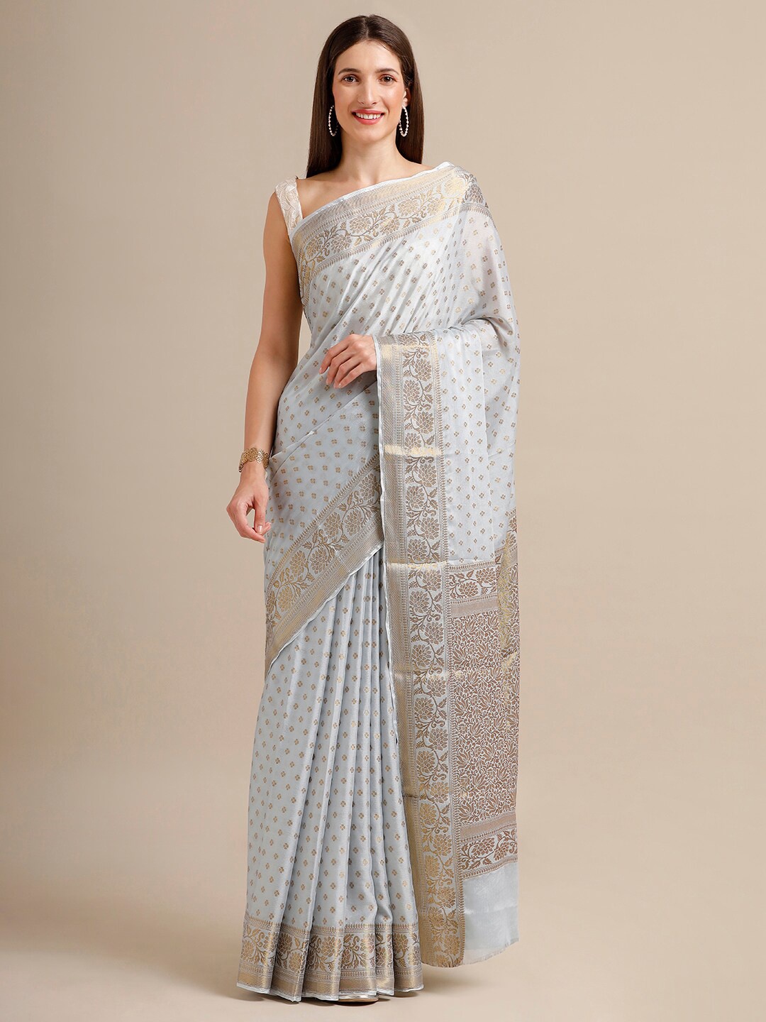 

SAMITTE Grey & Gold-Toned Woven Design Khadi Saree