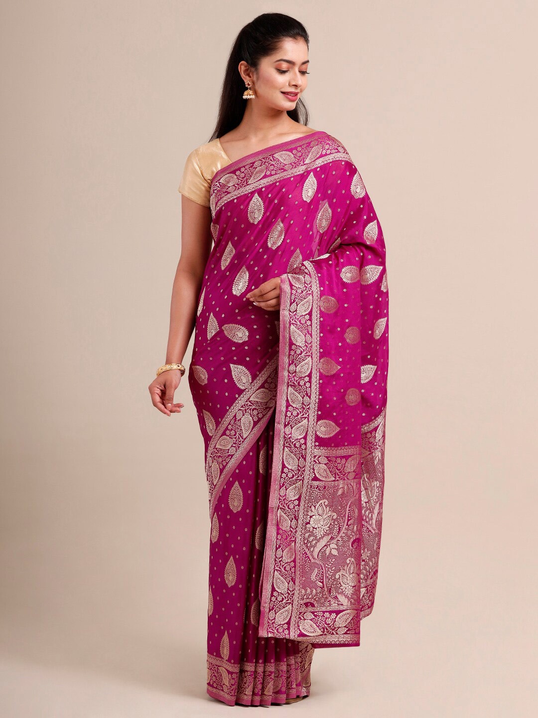 

SAMITTE Purple & Silver-Toned Woven Design Zari Khadi Saree