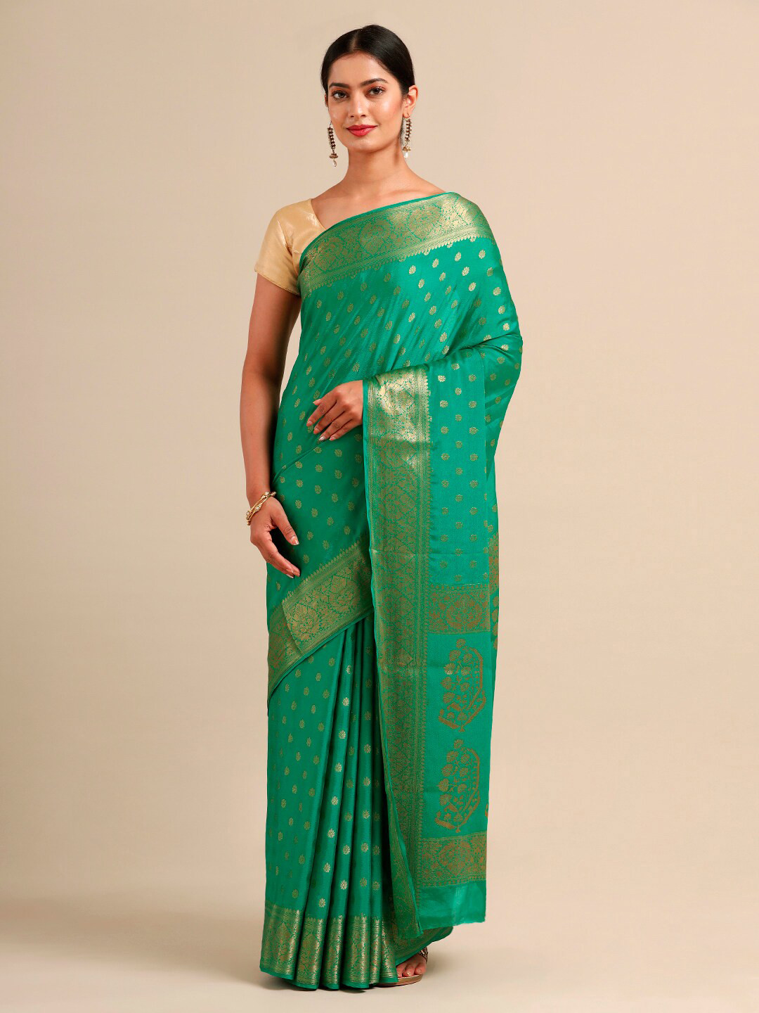 

SAMITTE Sea Green & Gold Woven Design Zari Chiffon Saree