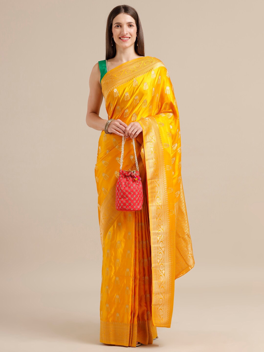 

SAMITTE Mustard Yellow & Golden Woven Design Zari Satin Kanjeevaram Saree