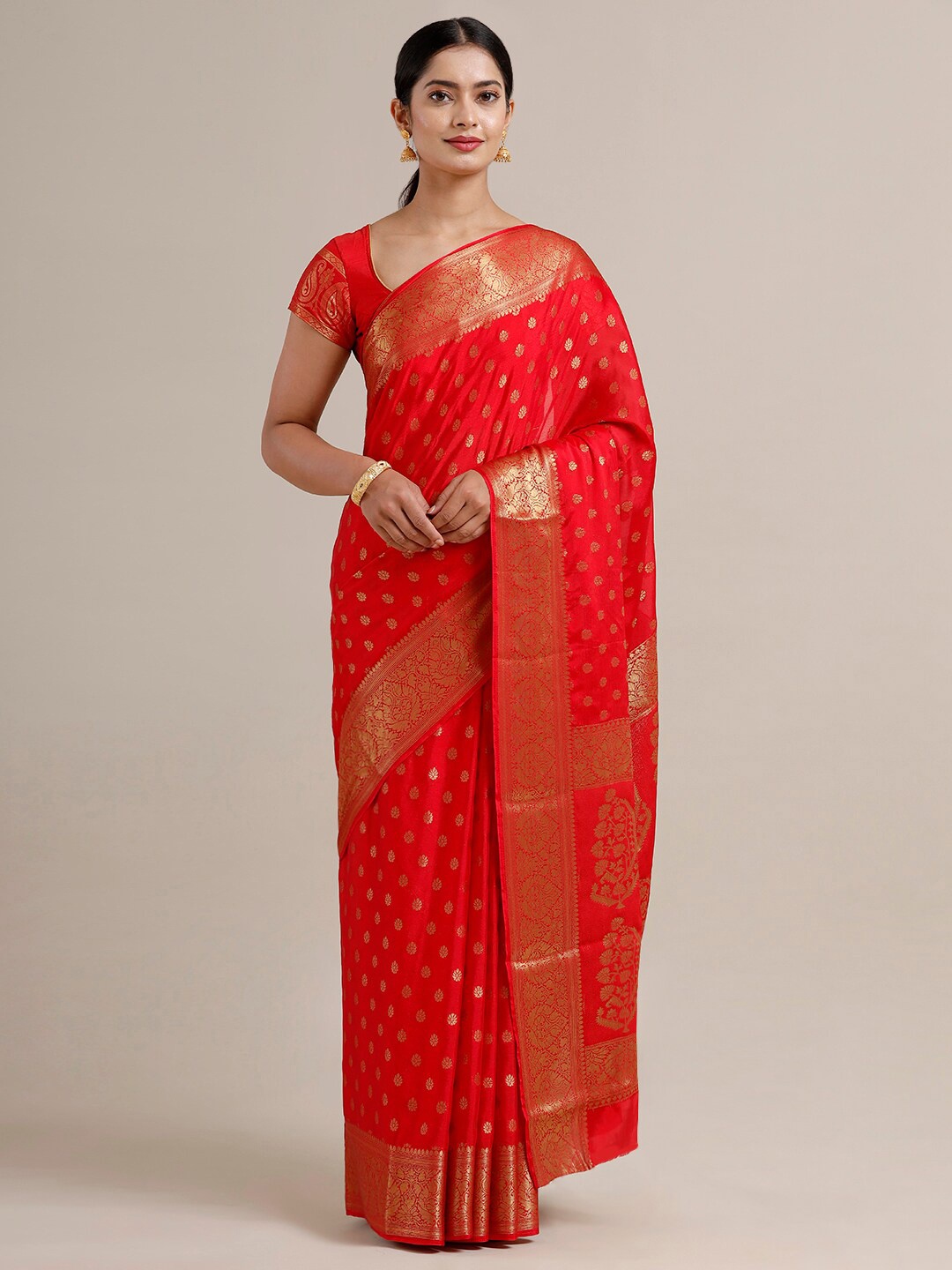 

SAMITTE Red & Gold-Toned Ethnic Motifs Zari Saree