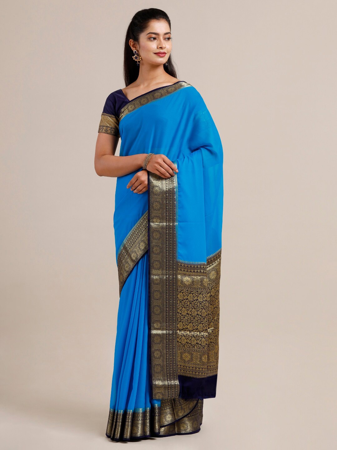 

SAMITTE Blue & Navy Blue Woven Design Mysore Silk Saree