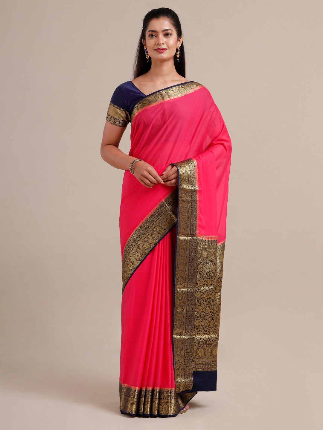 

SAMITTE Pink & Blue Woven Design Mysore Silk Saree