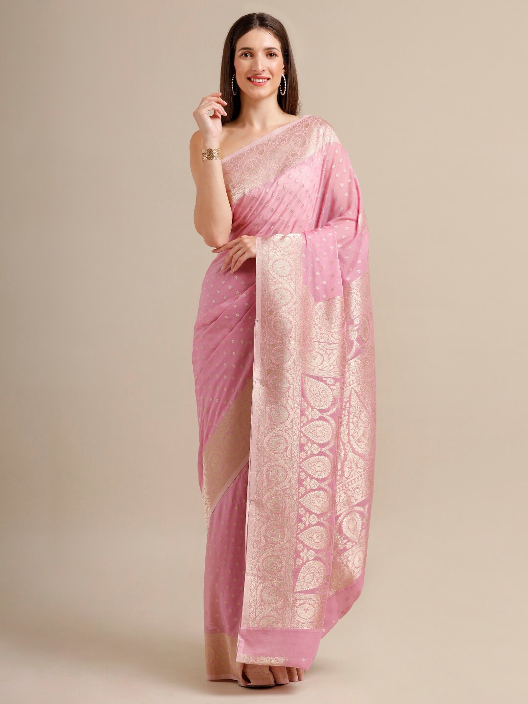 

SAMITTE Lavender & Gold-Toned Woven Design Zari Khadi Saree