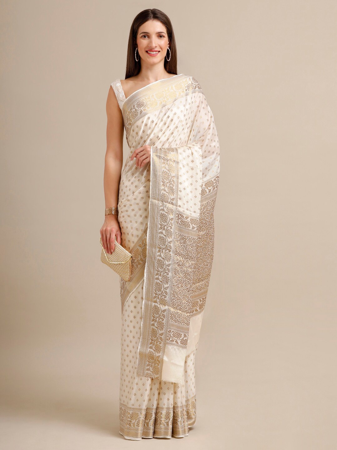 

SAMITTE White & Gold-Toned Woven Design Zari Khadi Saree