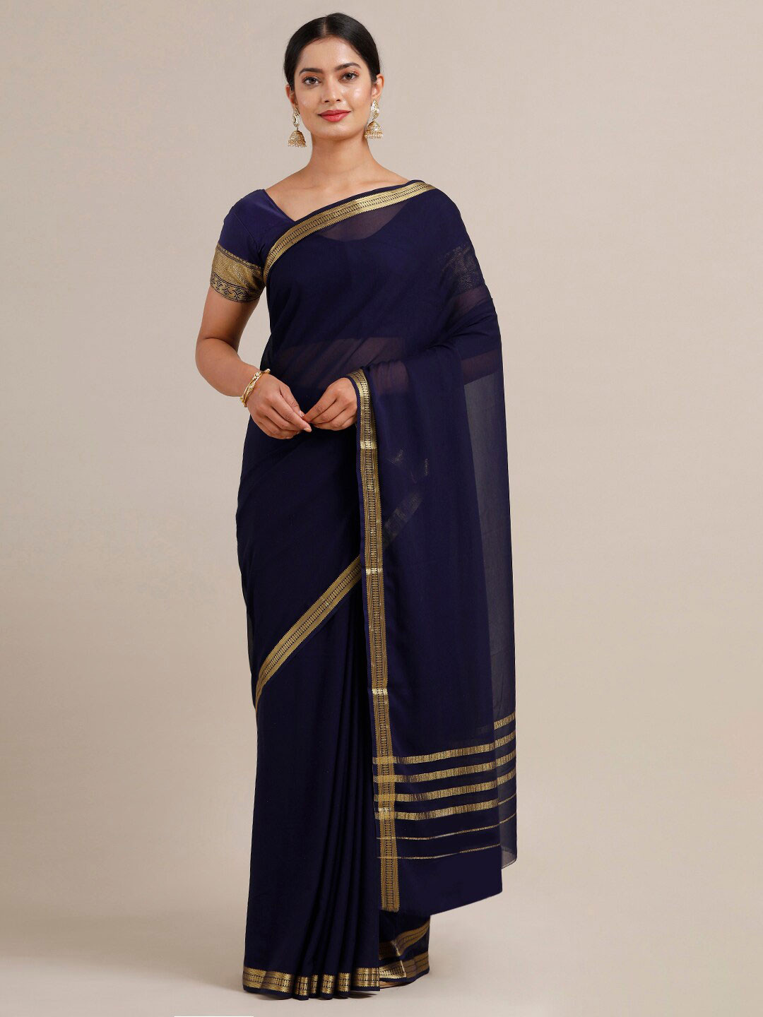 

SAMITTE Navy Blue & Golden Zari Mysore Silk Saree