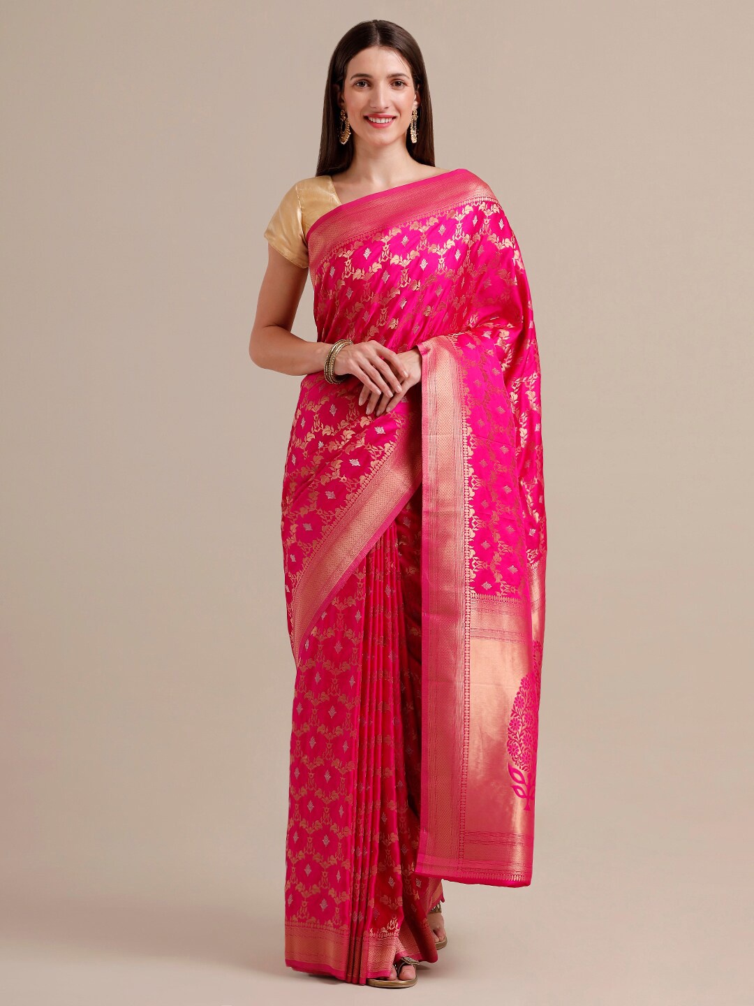 

SAMITTE Pink & Gold-Toned Woven Design Satin Banarasi Saree