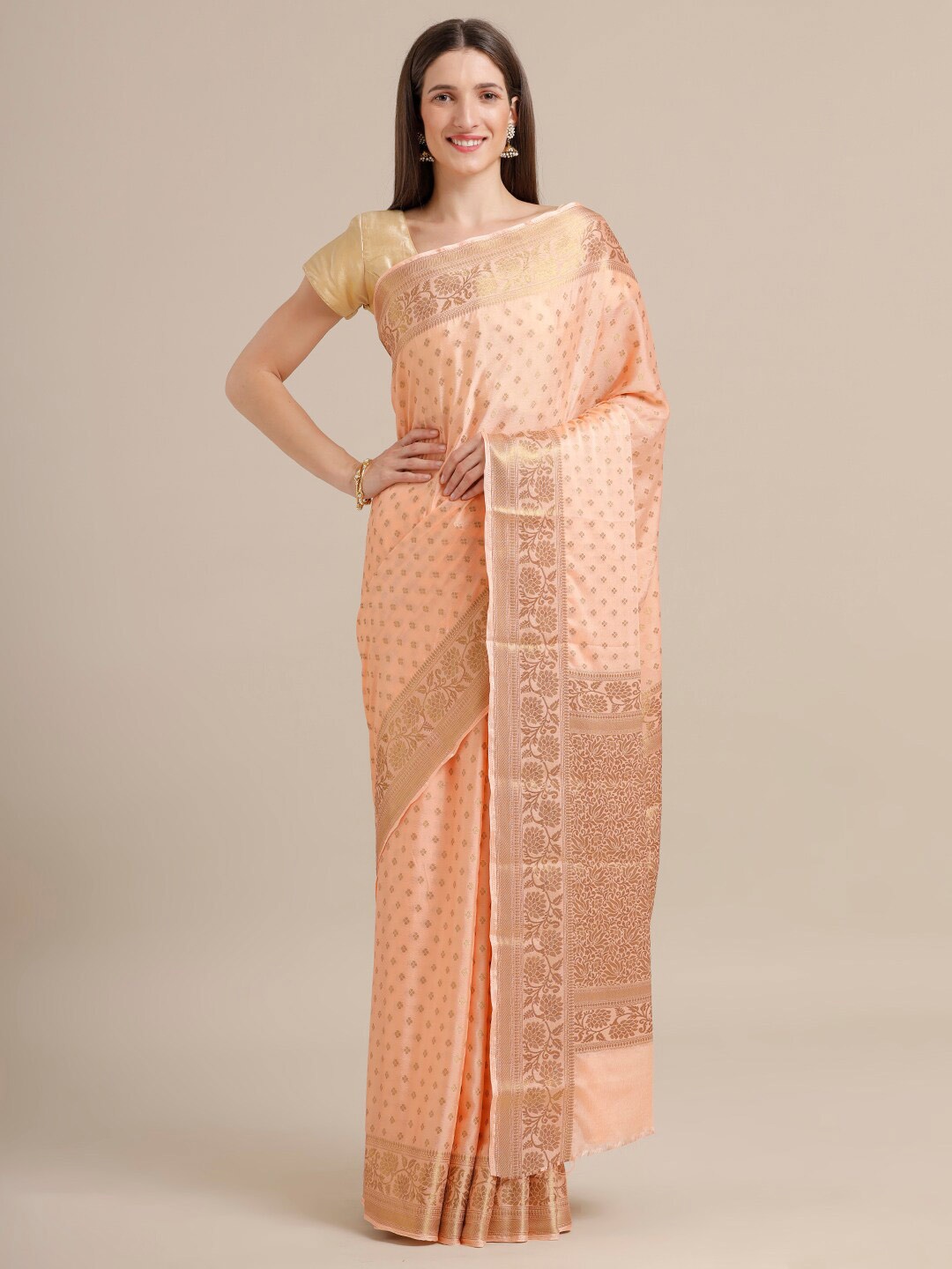 

SAMITTE Peach-Coloured & Golden Woven Design Zari Khadi Saree