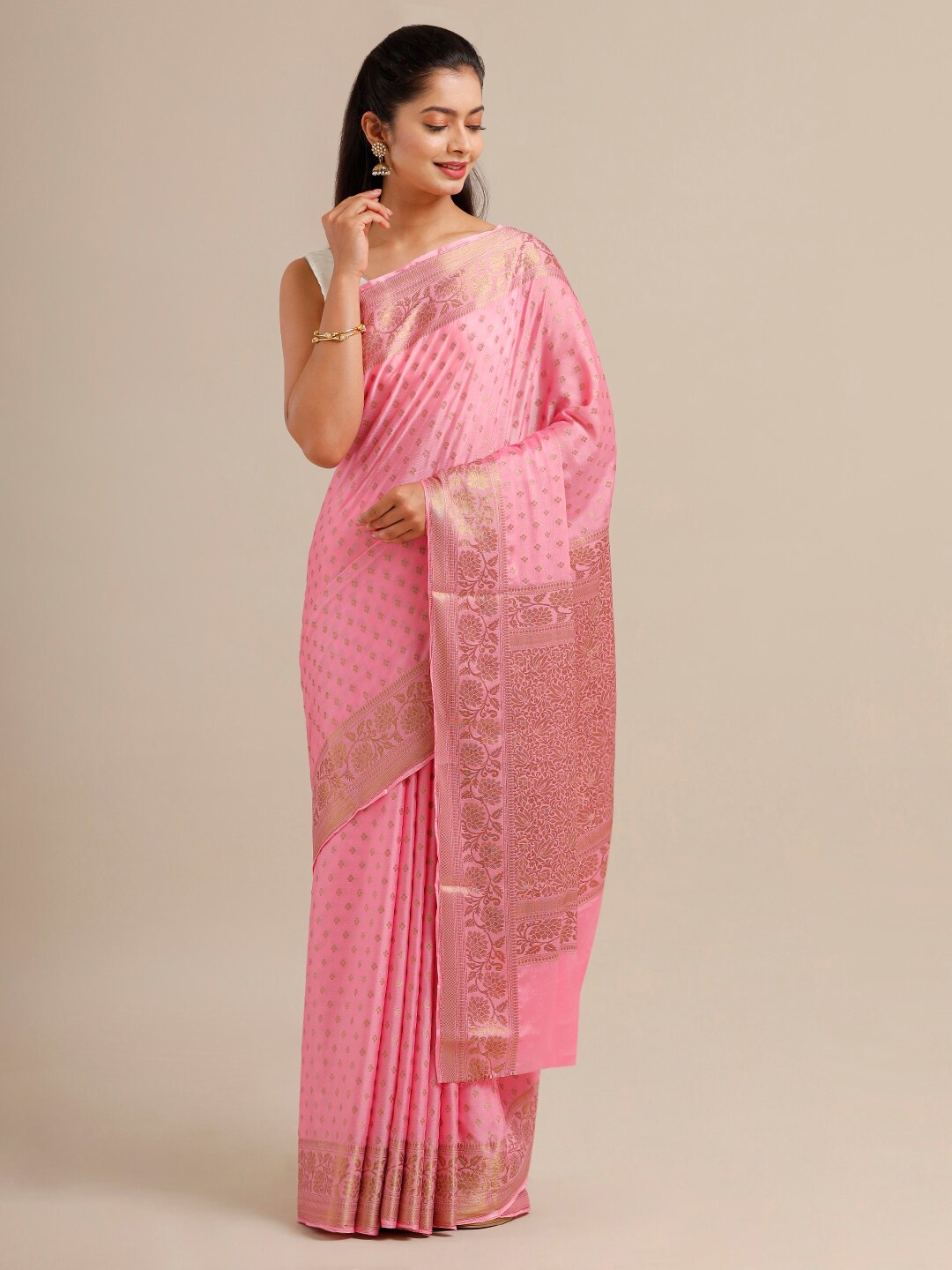 

SAMITTE Pink & Gold-Toned Woven Design Zari Khadi Saree