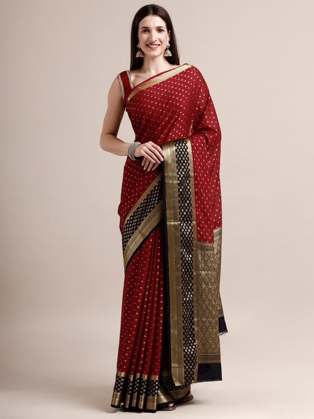 

SAMITTE Maroon & Black Woven Design Mysore Silk Saree