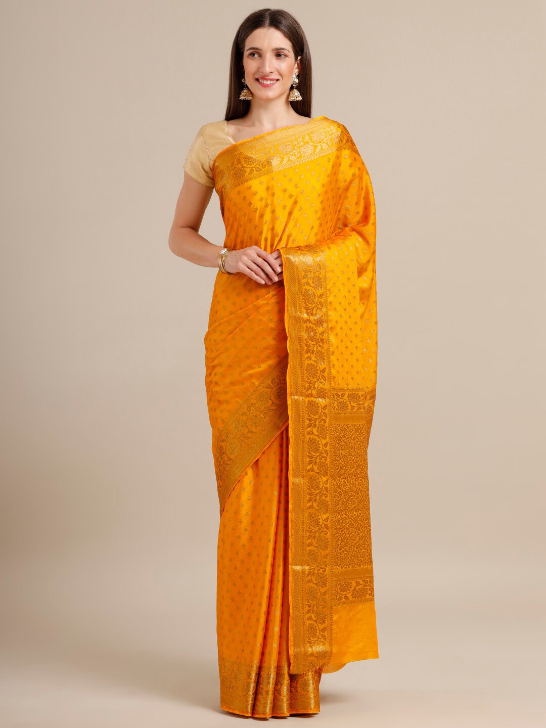 

SAMITTE Mustard Yellow & Golden Woven Design Zari Khadi Saree