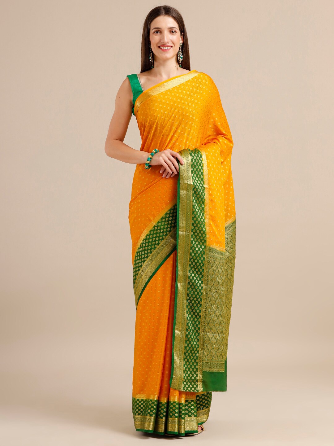 

SAMITTE Yellow & Green Woven Design Zari Mysore Silk Saree