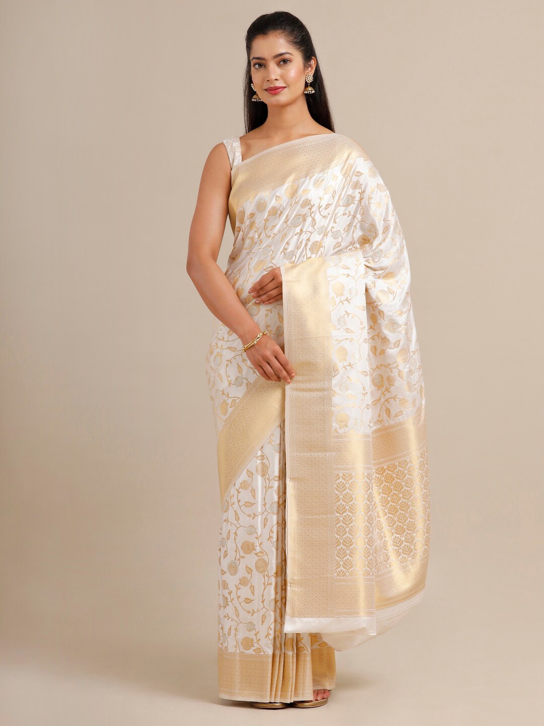 

SAMITTE White & Gold-Toned Floral Zari Satin Banarasi Saree