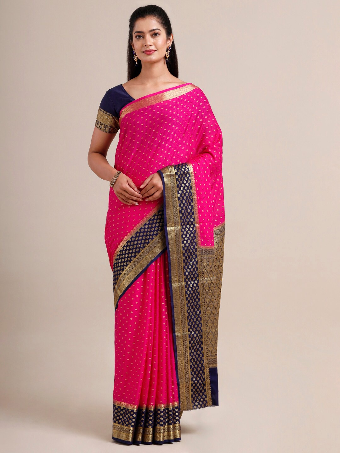 

SAMITTE Pink & Blue Woven Design Zari Mysore Silk Saree