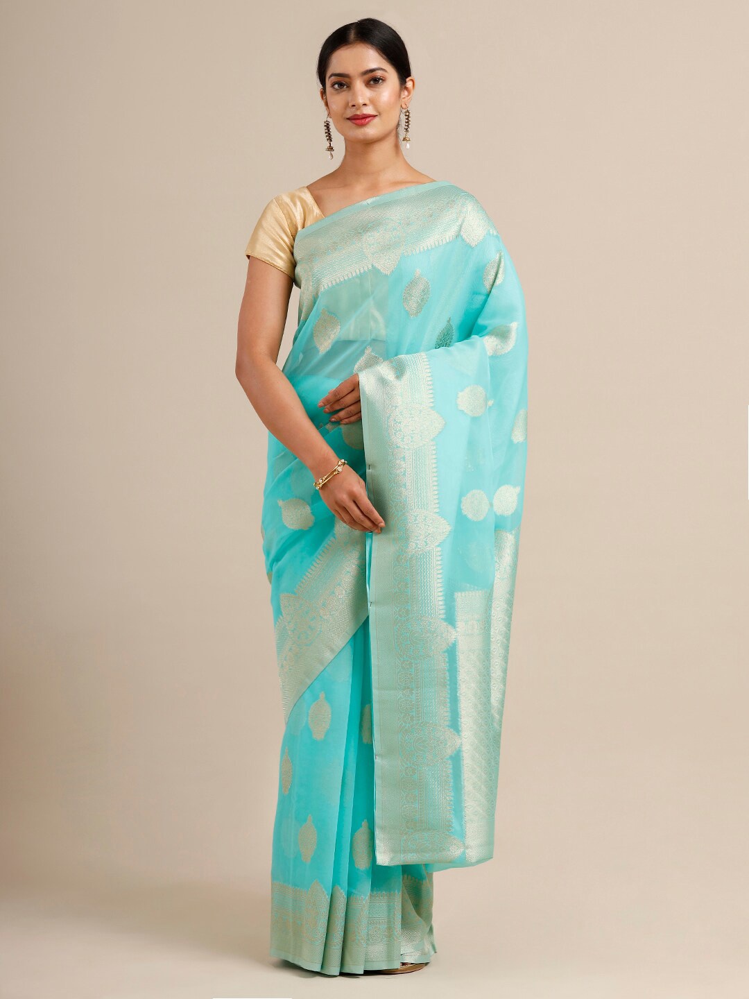 

SAMITTE Blue & Golden Woven Design Zari Organza Kanjeevaram Saree