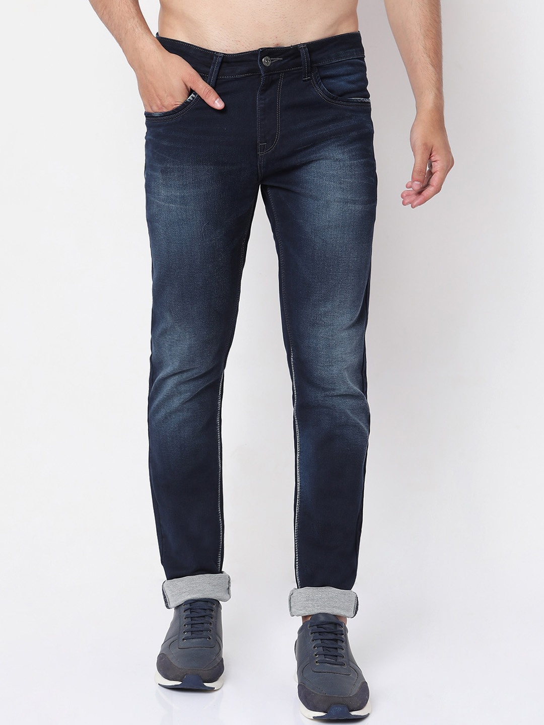 

Rex Straut Jeans Men Blue Smart Slim Fit Low Distress Heavy Fade Stretchable Jeans