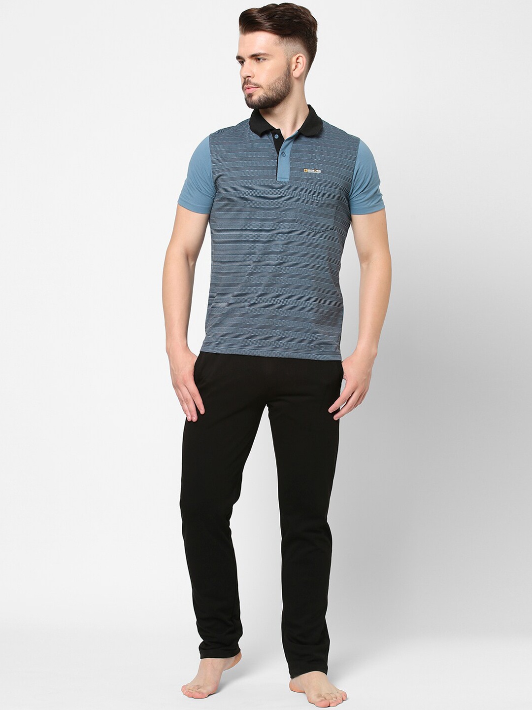 

Sweet Dreams Men Black & Blue Striped Night suit